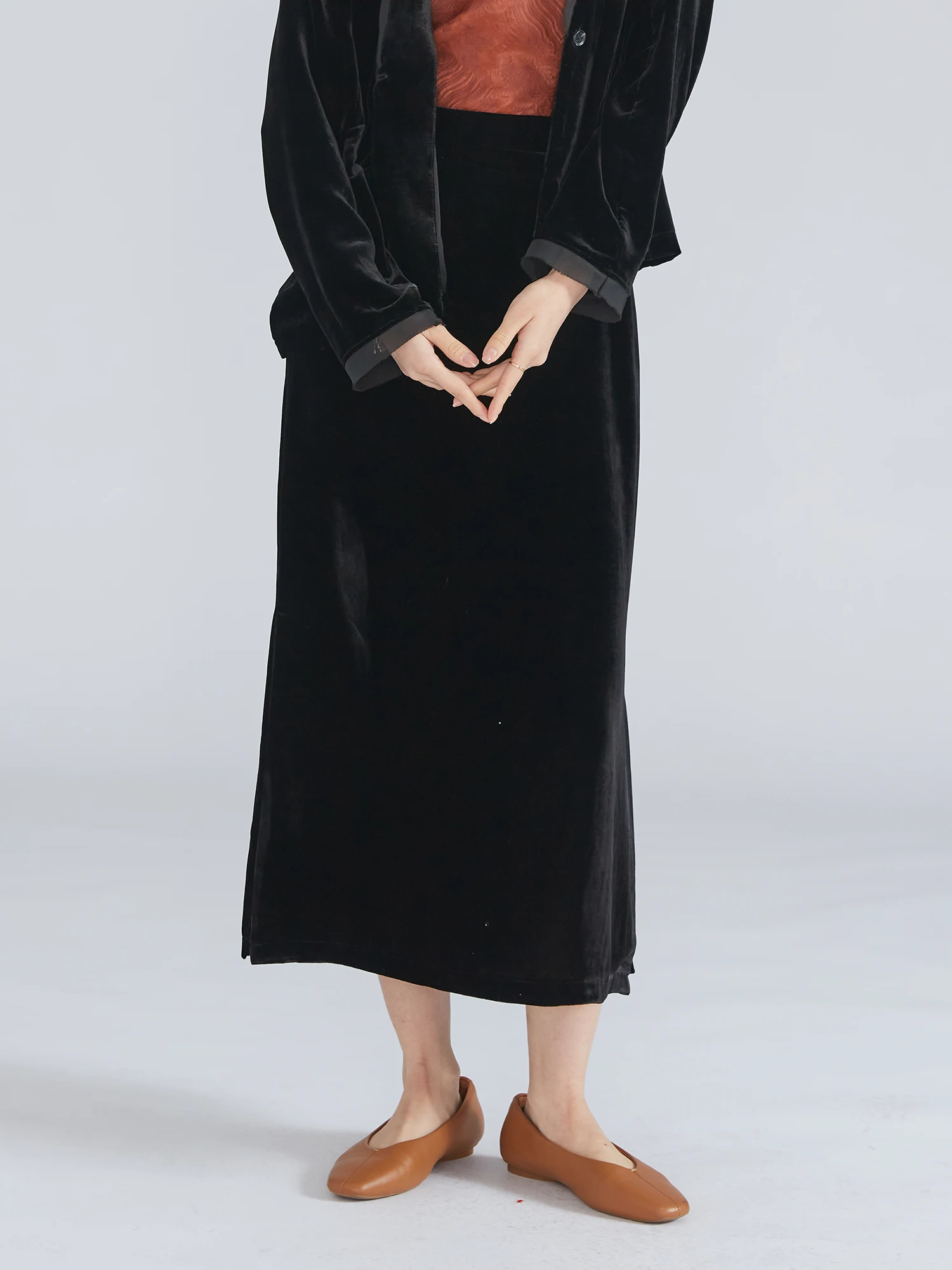 

SILVIYE Bla Silk Velvet Wrap Body Straight Skirt High Waist A-Line Casual Sle Women's Spring Autumn High Quali Ladies S...