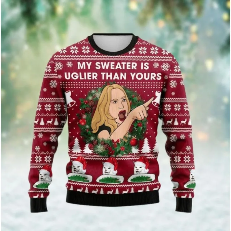 Vrouw schreeuwen bij kat Meme Ugly Christmas Print Volwassenen Sweatshirt met ronde hals Zacht Comfortabel Loose-Fit Herfst Winter Vakantie Seizoen Y2k
