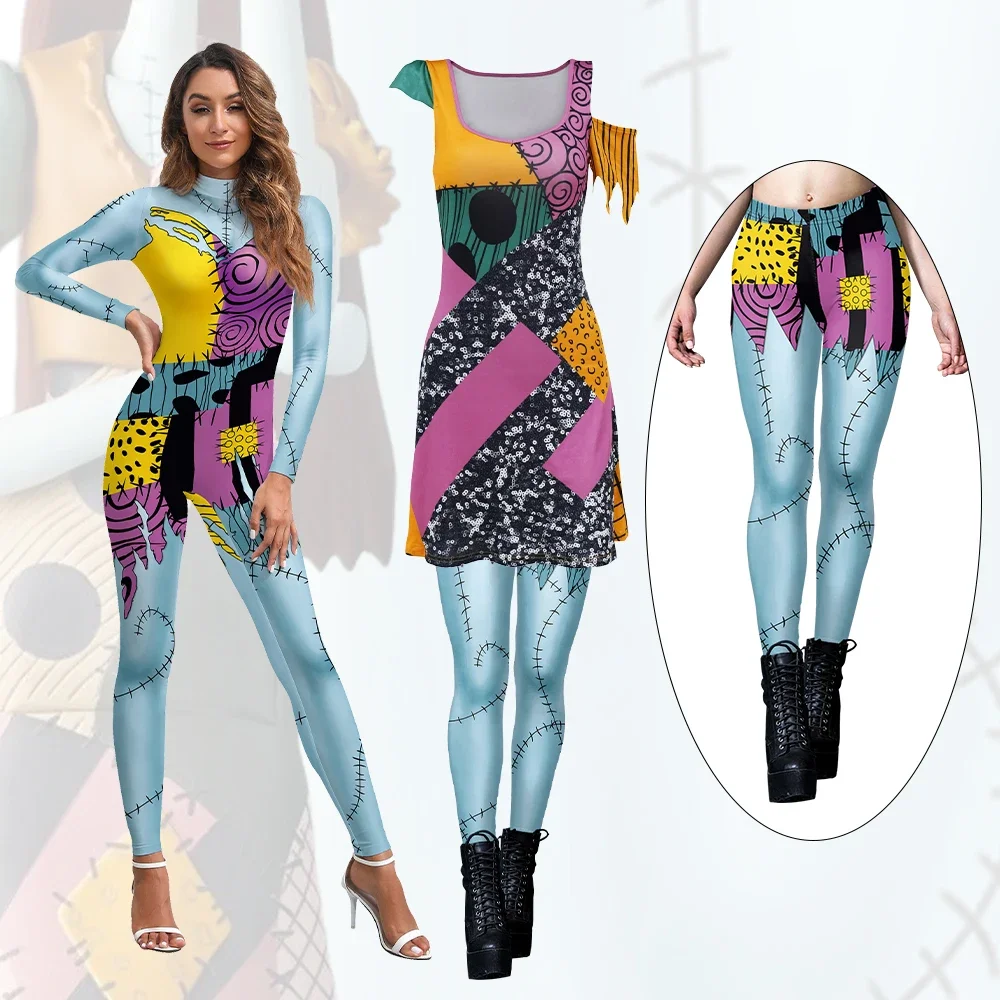 VOCKOO-Conjunto de fantasias Sally para adultos, macacão cosplay feminino, vestido de festa carnaval, leggings Halloween, macacão gótico assustador, zentai