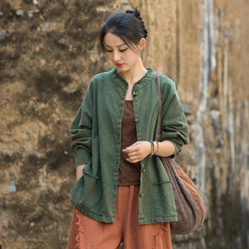 

Autumn-Winter Ramie Women's Coat: Brushed, Tinted, Handmade Frogs, Versatile Zen Style.