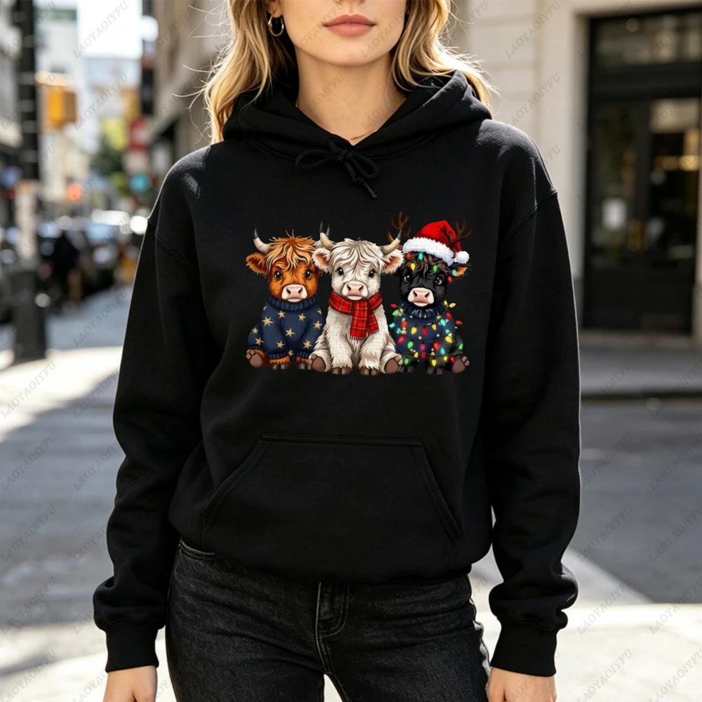 Cute Highland Cow Christmas Women Hoodie Winter Animal Sweatshirt Holiday Farm Pullover Funny Xmas Gift for Her Women Clothing