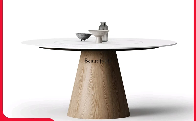 

Solid wood rock slab round dining table with turntable log cream wind rock slab round table