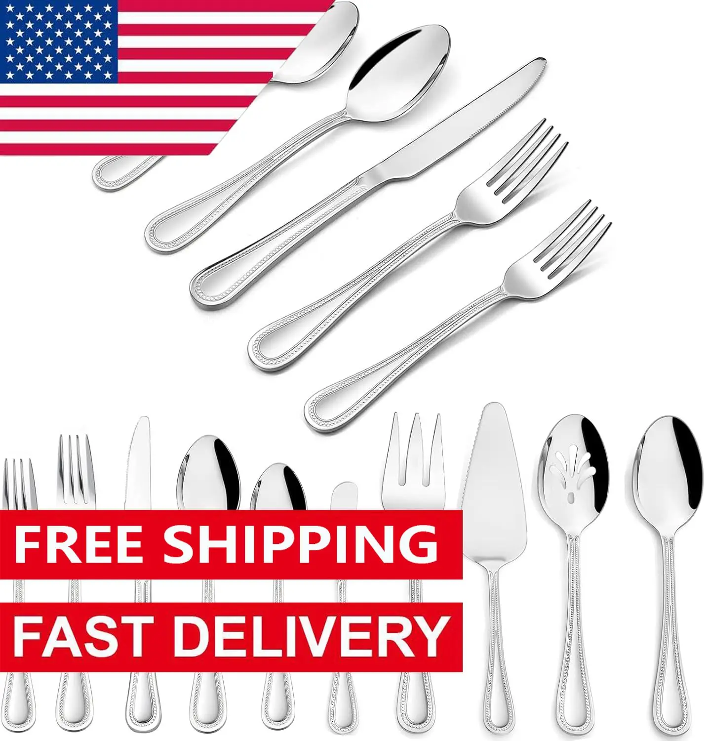 65-Piece Silverware Set  Utensils Pearled Edge Tableware Cutlery Mirror PolishedStainless Steel Flatware Service for 12