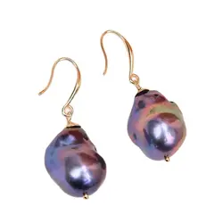 G-G Cultured Black Baroque Pearl Dangle Earrings Real Keshi Pearl Gold Plated Hook Earrings Handmade For Lady