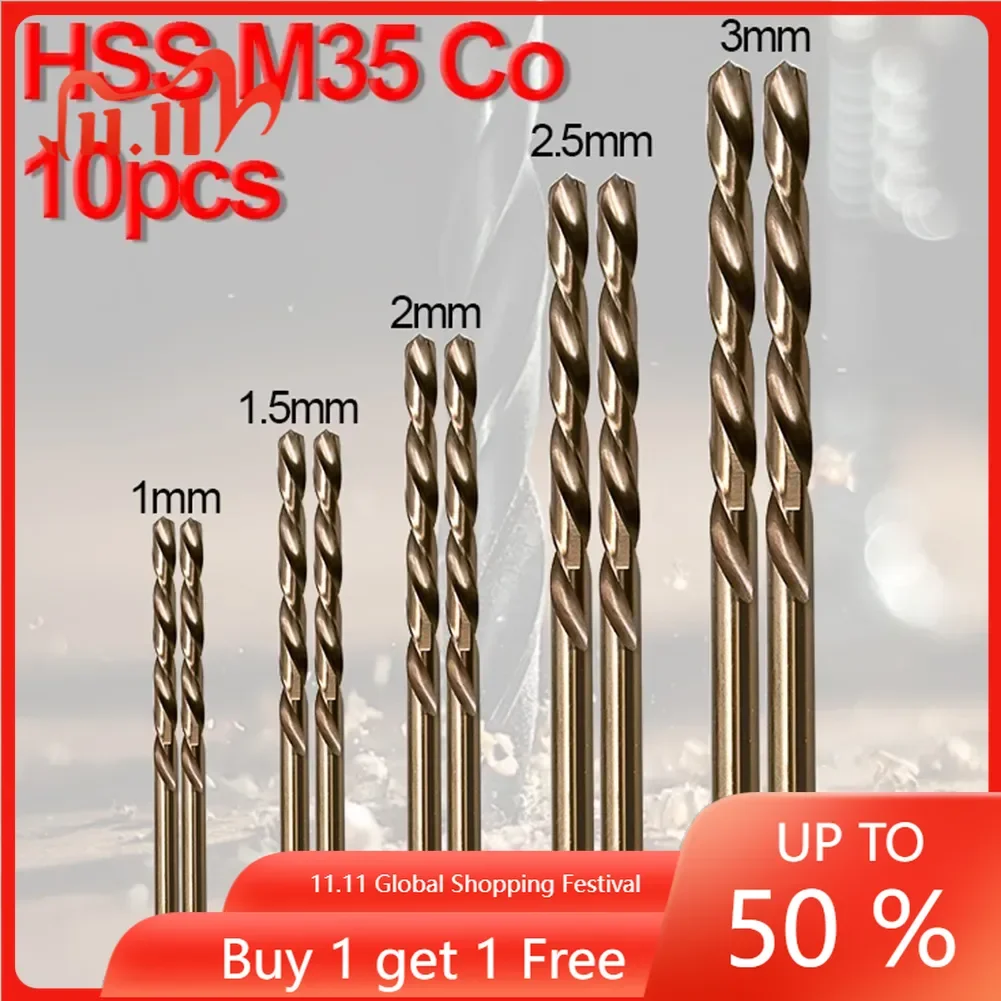 10pcs HSS M35 Cobalt Drill Bit Set, 1mm 1 5mm 2mm 2 5mm 3mm Sizes, Suitable for Stainless Steel, High Heat Resistance