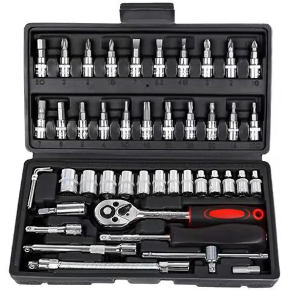 46Pcs Auto Repair Combination Ratchet Wrench Toolbox Family Tools Auto Maintenance Vehicle-mounted Socket Repair Set Tools