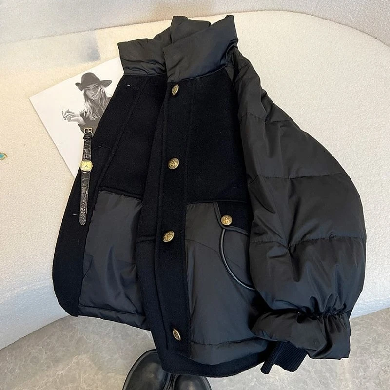 婦人服黒厚手スプライシング黒金ダウン綿服婦人冬薄手高級版見栄えの良いコート
