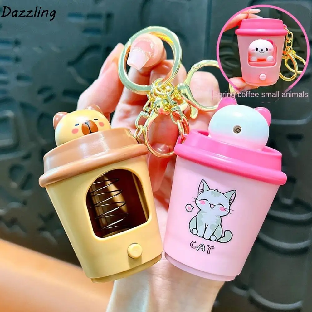 Exquisite Bounce Cat Milk Tea Cup Keychain Panda Luminescence Car Keyring Key Decor Ornaments Capybara Pendant Couple Gifts