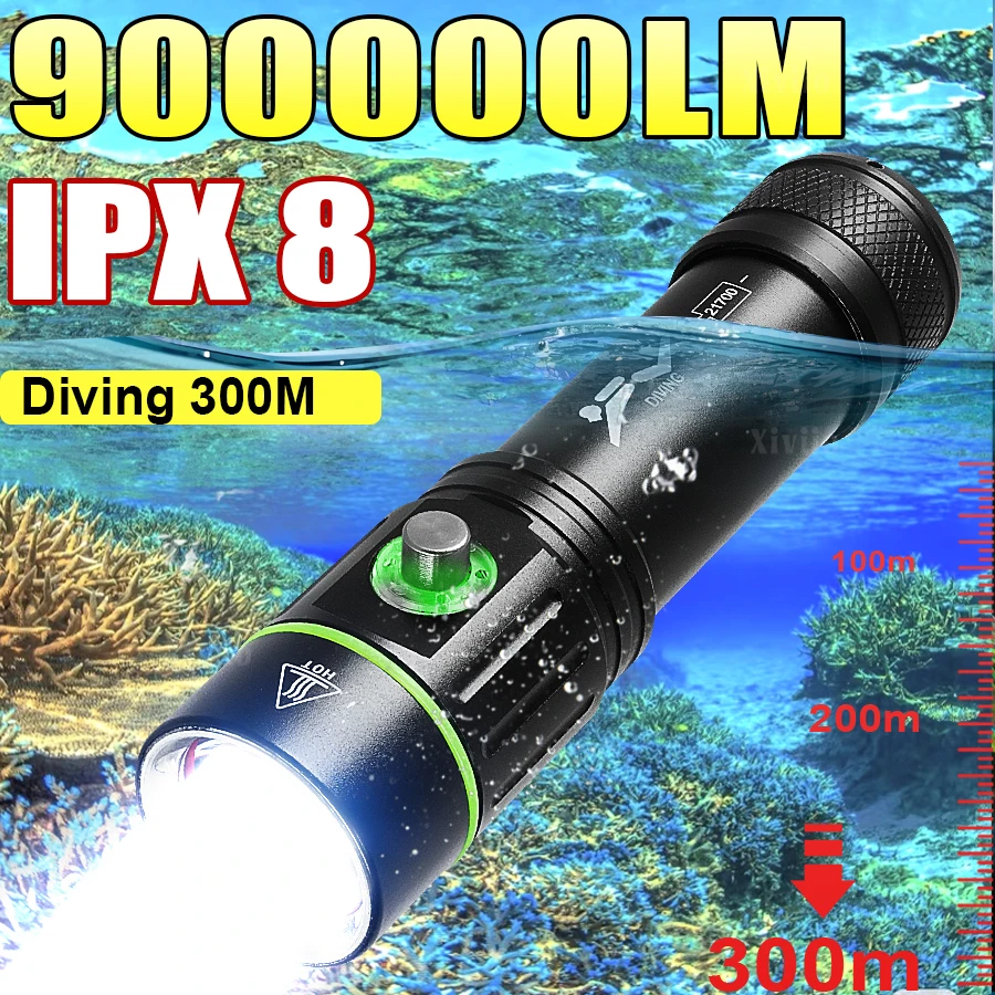 

900000LM Яркий светодиодный фонарик для дайвинга Профессиональный фонарик для дайвинга с аквалангом 300 м Подводный IPX8 Водонепроницаемые фонари для дайвинга, охоты и рыбалки