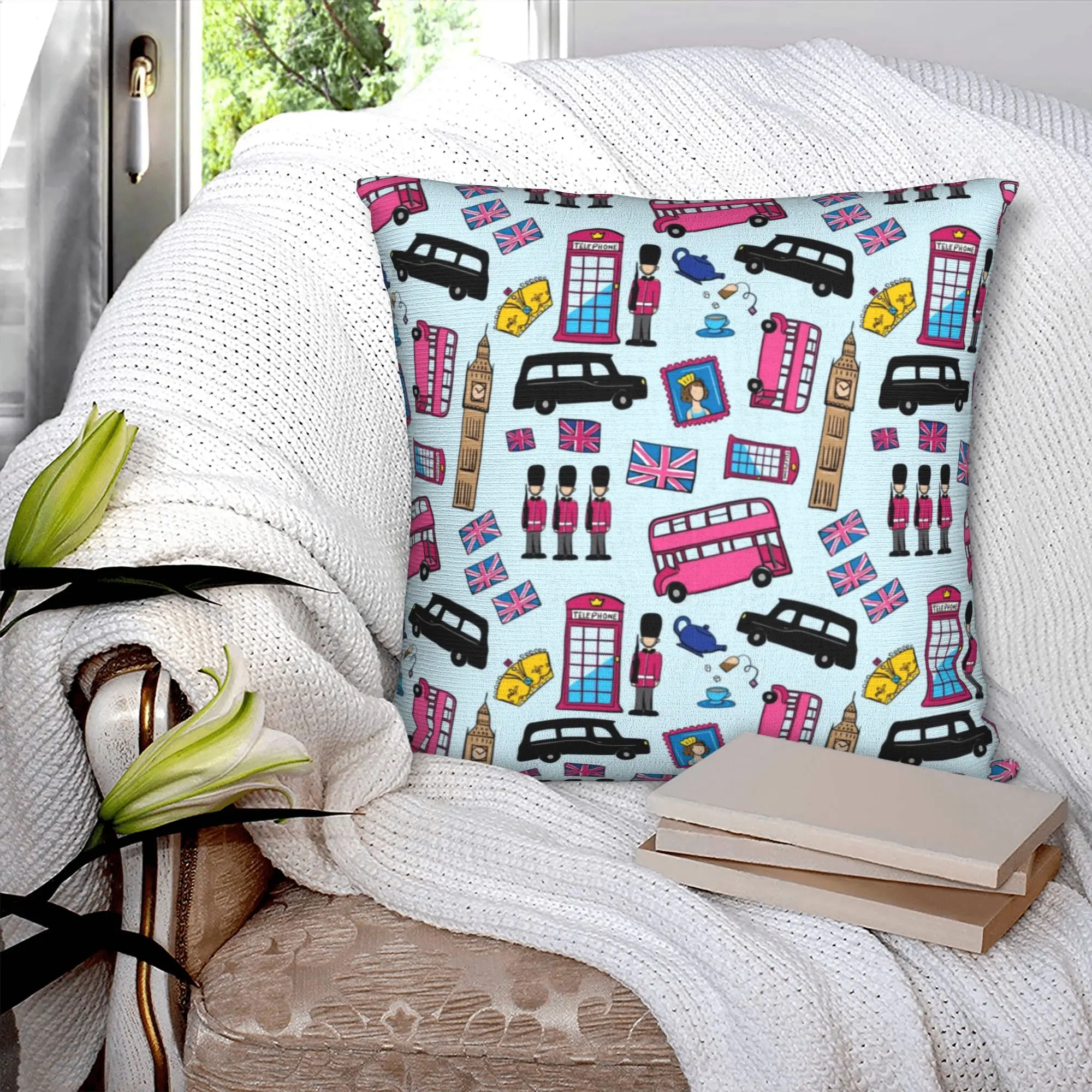 Pink British London Style Luxury Throw Pillow Cover Decoration UK Flag Red Bus Sofa Cushion