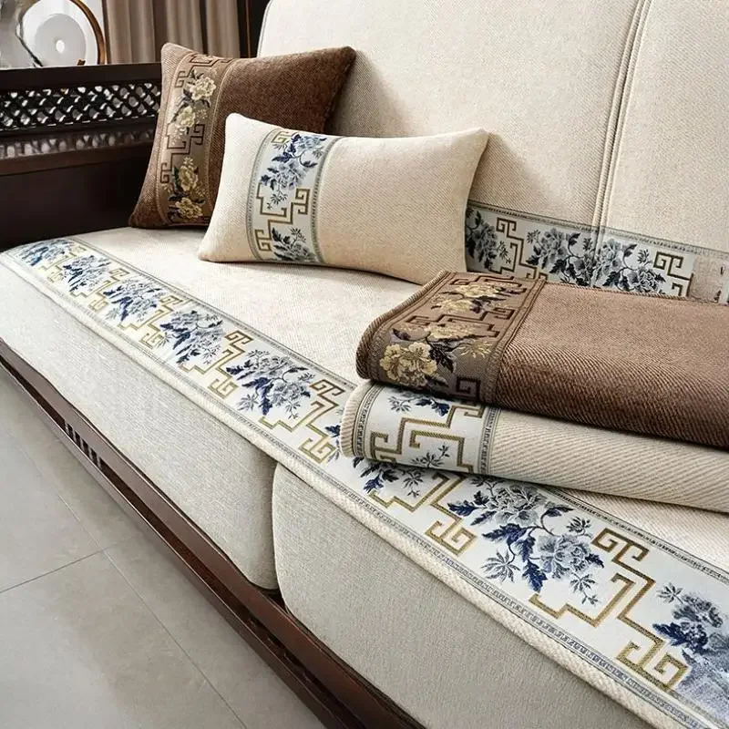 Four Seasons Universal Sofa Cushion Chenille Embroidery Floral Pattern Sofa Towel Backrest Armrest Dust Cover Anti Slip Covers
