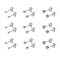 6-10 Pairs Surgical Stainless Steel Tiny Round Clear Cubic Zirconia Stud Earrings Set 2mm 3mm 4mm for Women Men