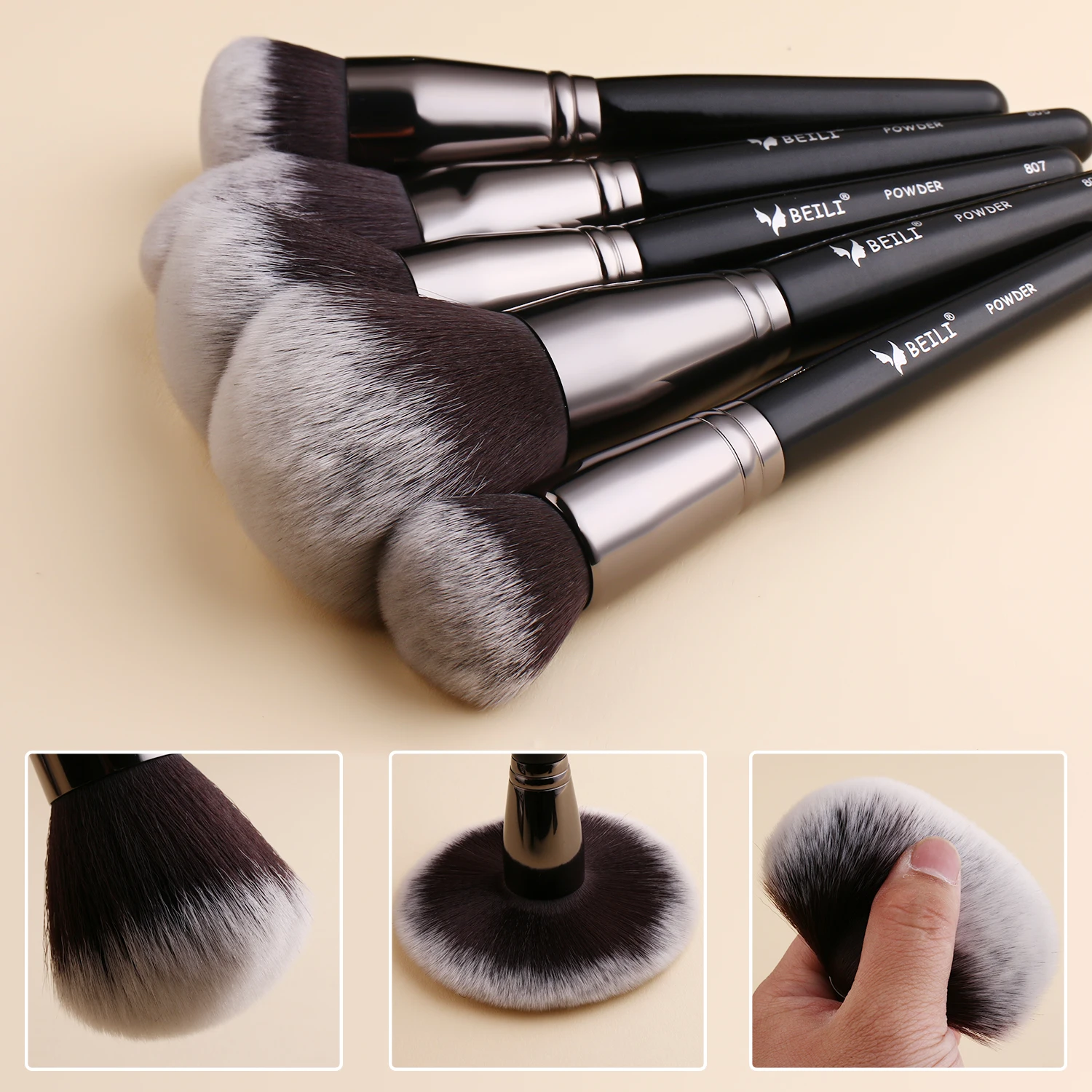 BEILI – ensemble de pinceaux de maquillage professionnels noirs de luxe, grands pinceaux de maquillage en poudre, fond de teint, mélange naturel,