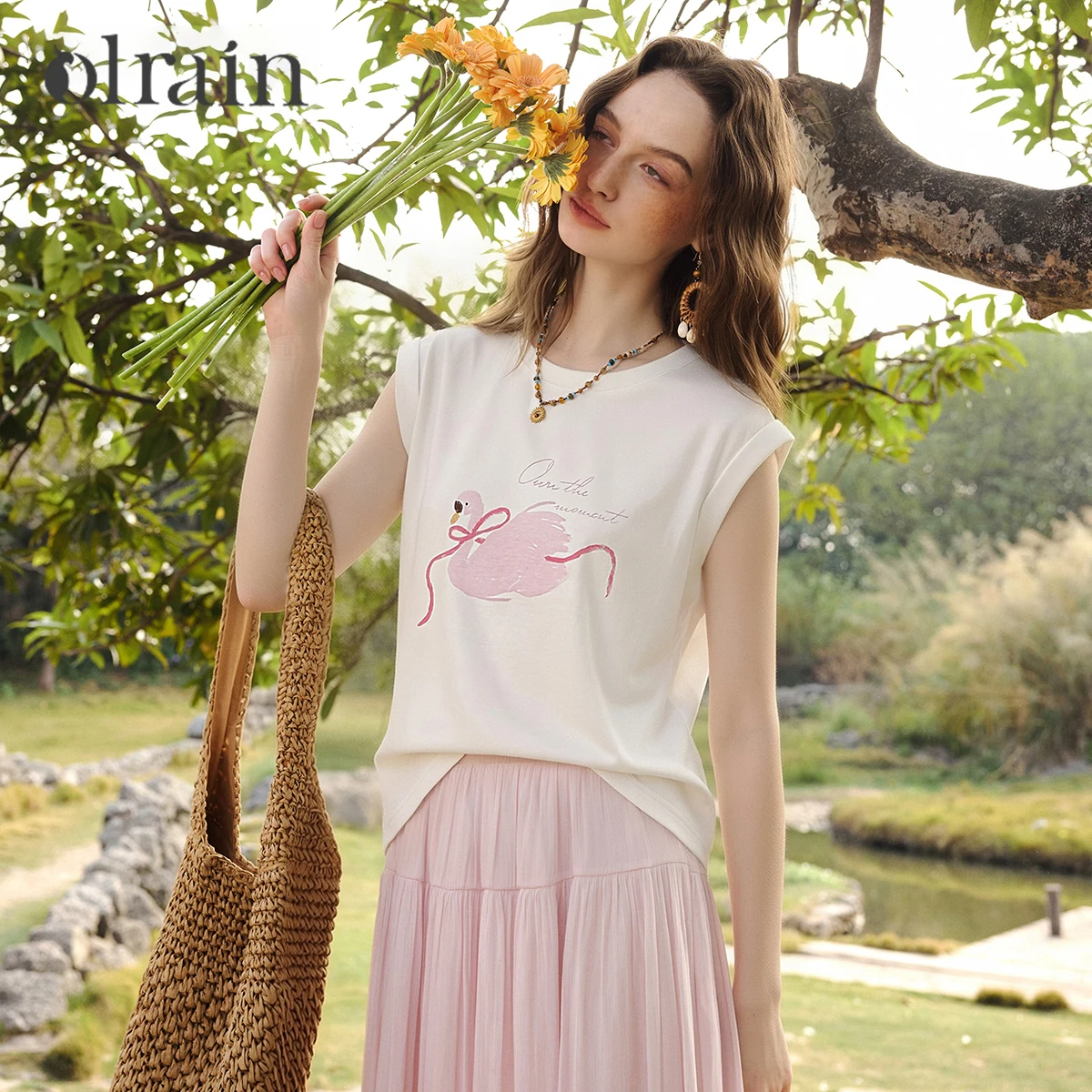OLrain Versatile Crew Neck Cute Cartoon Print Women's T-shirt 2026 Summer Casual Loose Cotton Blend Sleeveless Top O58XT005111