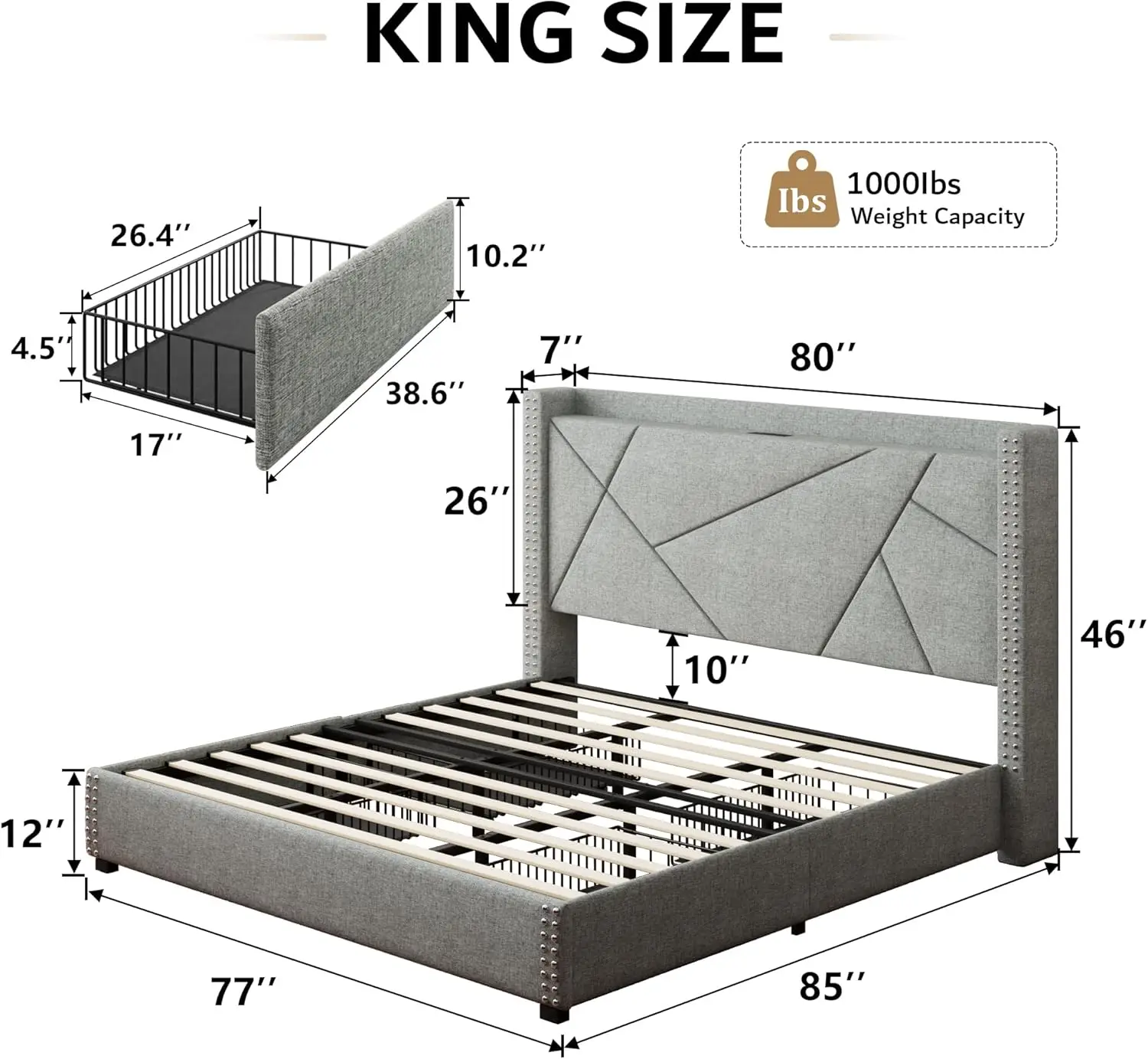 iPormis King Storage Bed Frame with 4 Drawers, Upholstered Bed Frame with Minimalist Wingback Headboard and Charging Station