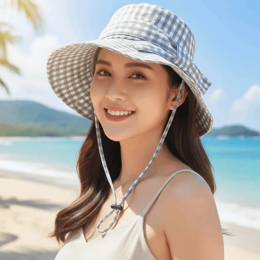 Simple Korean Style Fine Plaid Fisherman Hat Wide Brimmed Bow Sunscreen Basin Cap Thin Versatile Folding Sun Cap Daily