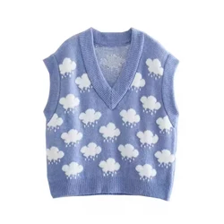 Sweet Sleeveless Cloud Printed V-neck Knitted Sweater Vest Autumn Pullover Sweater Women Loose Winter Soft Knit Vests Tops 15990