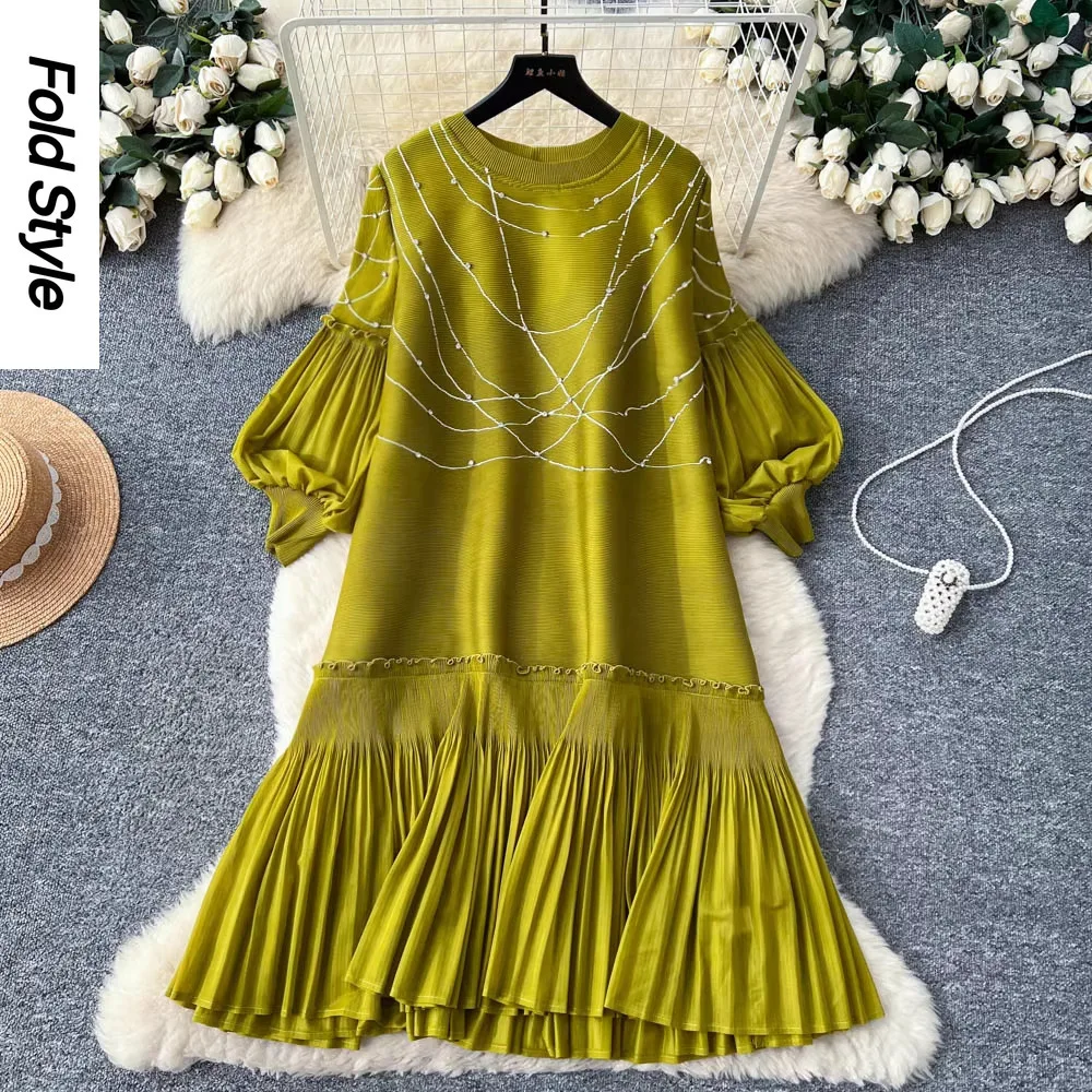 

Платье Miyake с объемными цветами и рукавами-фонариками, женское, с длинными рукавами, плиссированное, А-силуэт, тонкое, с оборками, длинная юбка