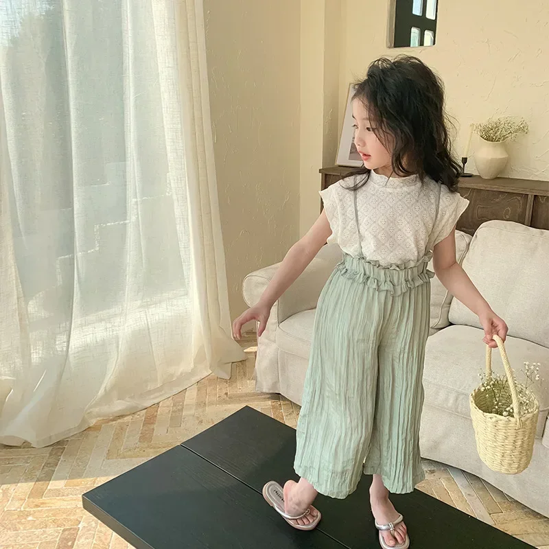 

Childrens Sets Girls Summer New Sleeveless Knitting Vest Camisole Pants Two Piece 2024 Elastic Waist Loose Sweet Fashion