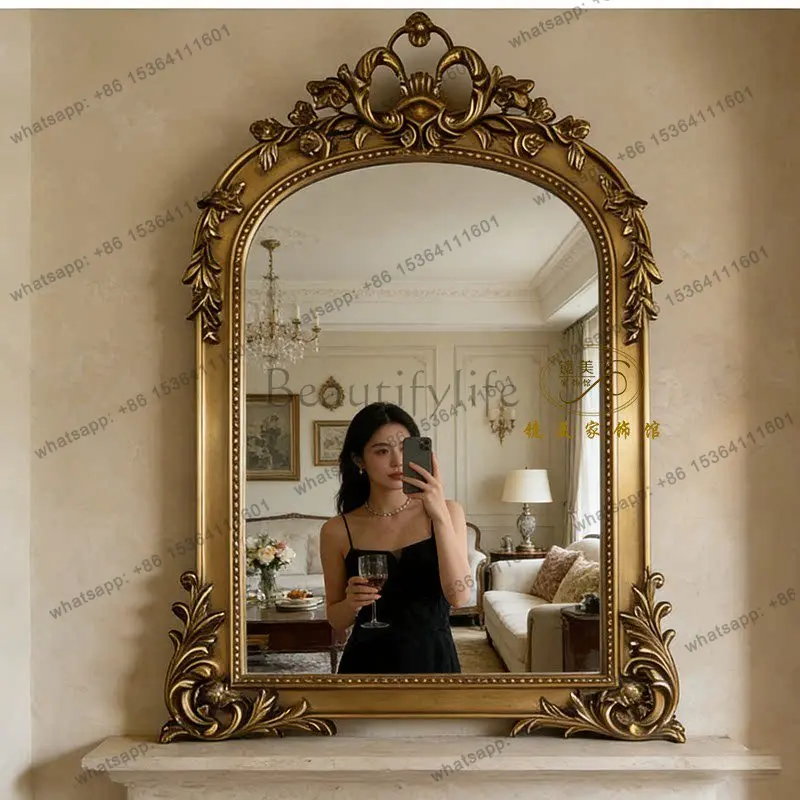 French bathroom wall-mounted decorative mirror retro bedroom carved wall-mounted cosmetic mirror