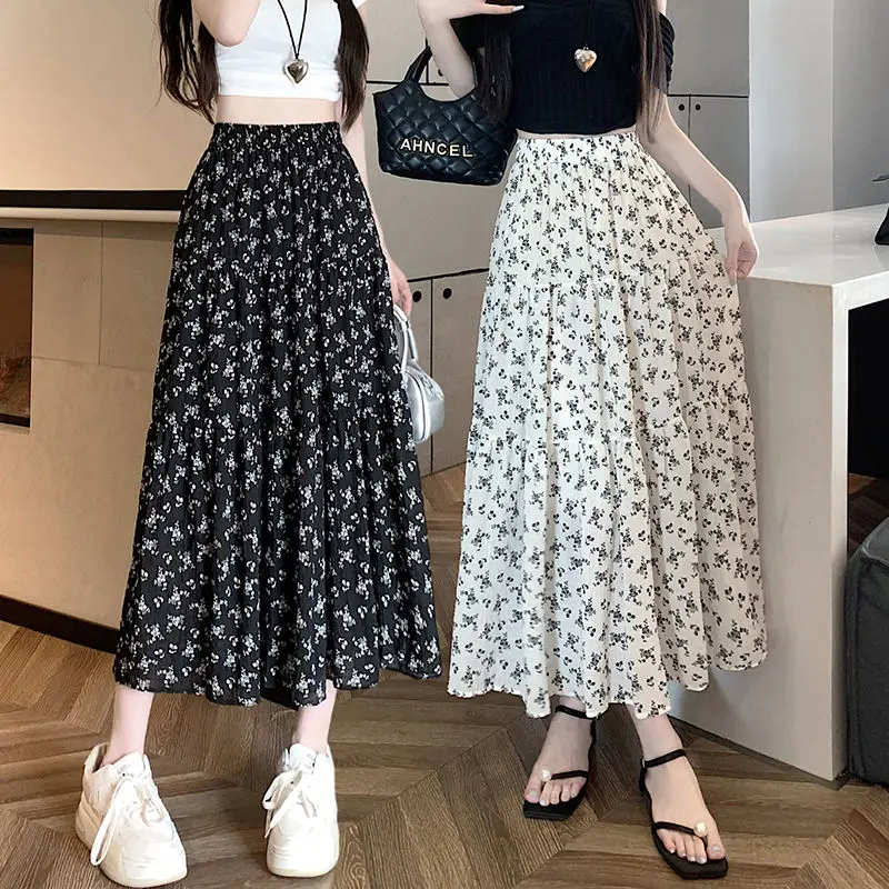 

Chiffon Floral Skirt Women Spring Summer New Small High Waist Slimming Medium Long A Word Pleated Umbrella Skirt fashion trend