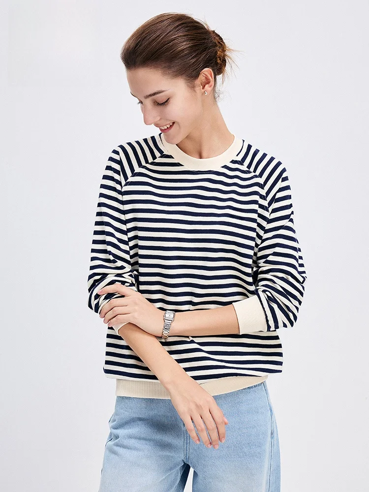 

Navigare Women's Striped Sweatirt Pure Cotton Loose Hoodie Spring 2026 Casual Comfortable Long Sve round Ne Top