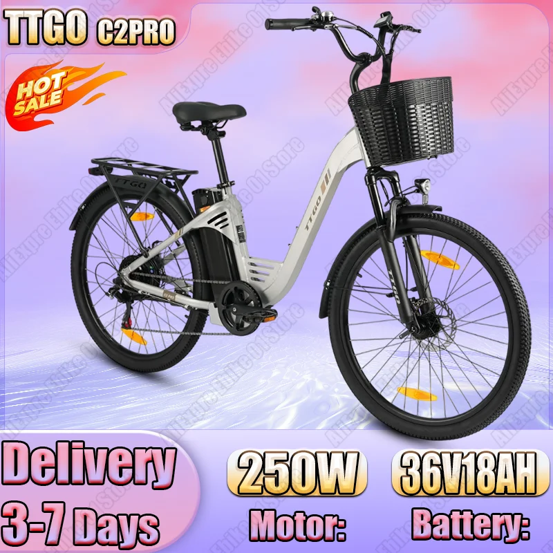 Vélo électrique TTGO avec moteur sans balais 250W, batterie au lithium 36V18AH, pneus de 26 pouces, pour adultes, avec panier à légumes
