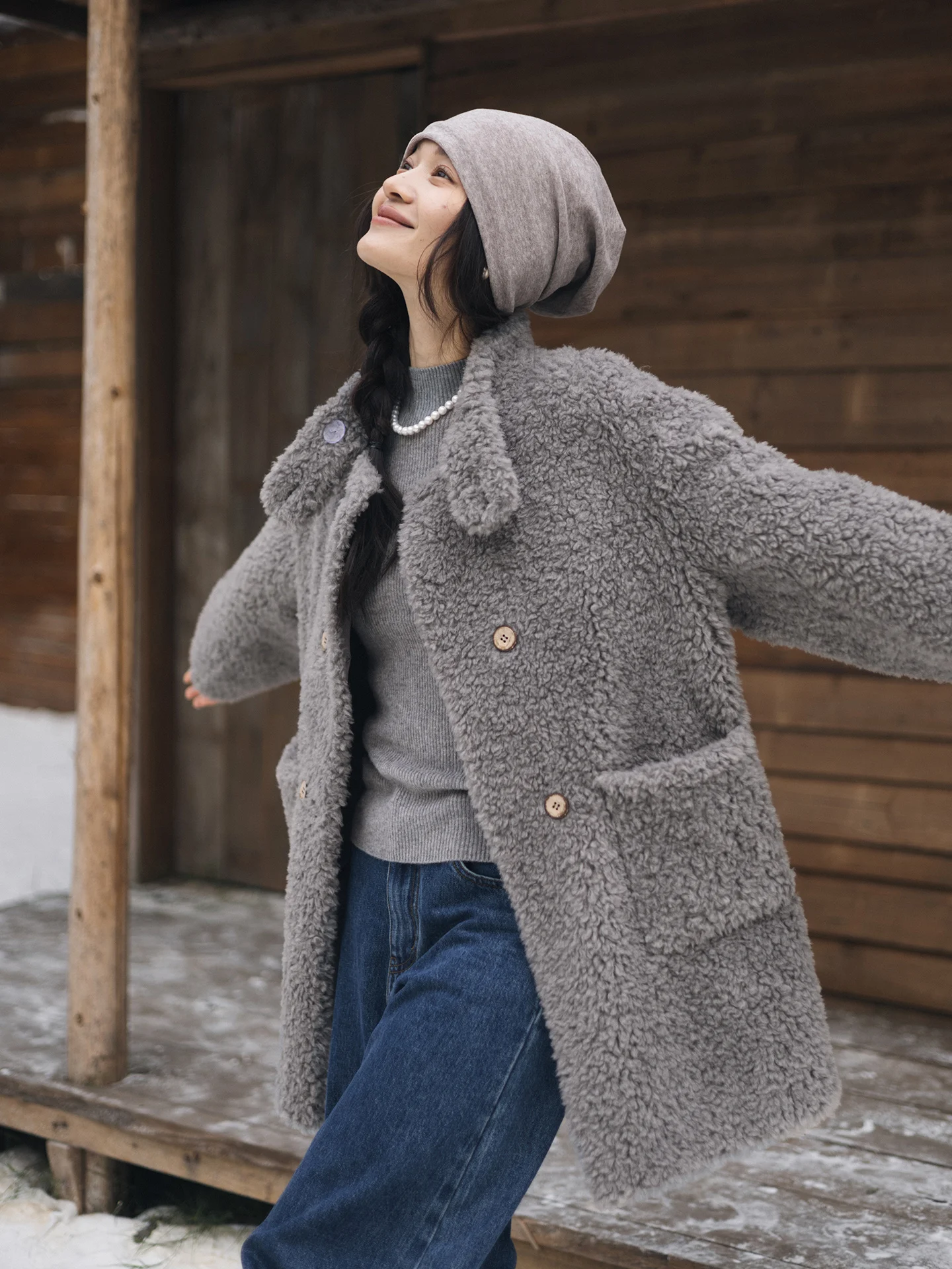 

Thiened Double-breasted Lamb Fur Collar Jaet Women's Casual Sle Loose Fit Long Sve Coat Perfect for Traveling