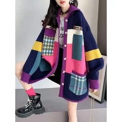 Autumn Winter Women Long Cardigan 2024 Women's Contrast Print Pocket Button Sweater  Female Street Jacket Coat N143