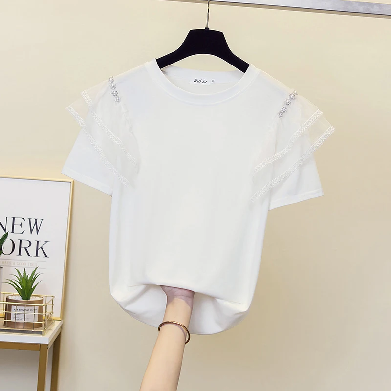 Tee T Shirt Women Summer Top Lace Sleeve Cotton Blusa Beading Korean Style Tshirt Short Sleeve Casual White Clothes Y2K