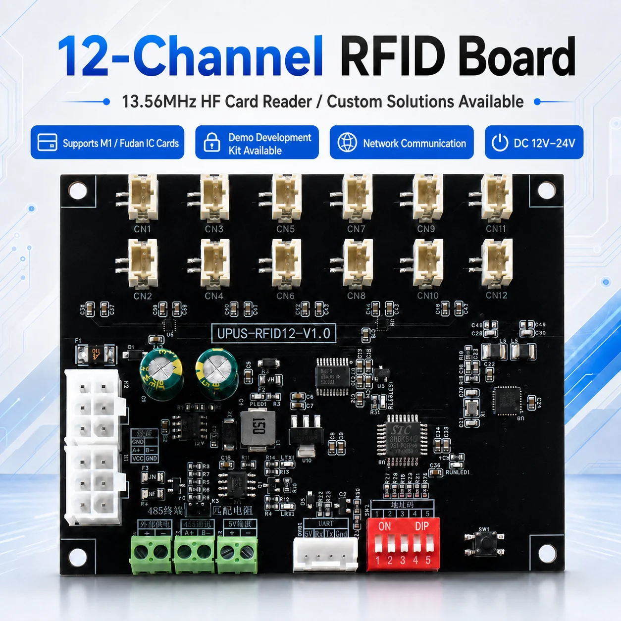 1356mhz-rfid-controller-board-12-reader-ports-dc12v-rs485-uart-for-smart-locker-card-system
