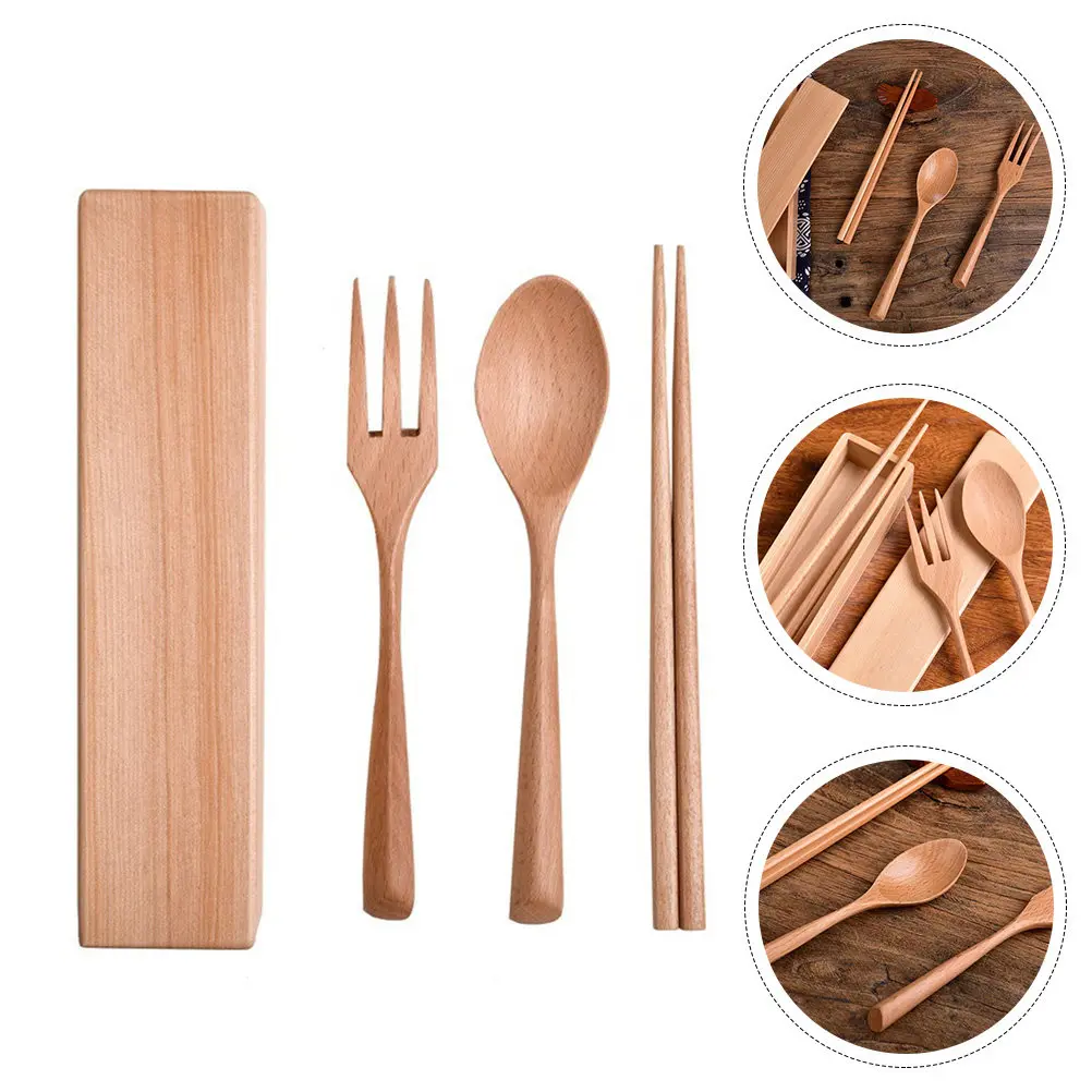 1Set Natural Wood Cutlery Set Molding Design Smooth Safe Spoons Forks for Outdoor Dining on The Go Portable Tableware