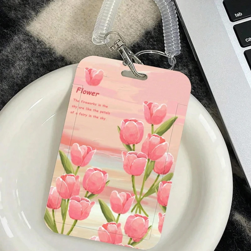 Perfume Flower Pattern Card Holder with Retractable Spring Cord Suitable for Bus Campus Lunch/Door Card Kpop Photocard Holder