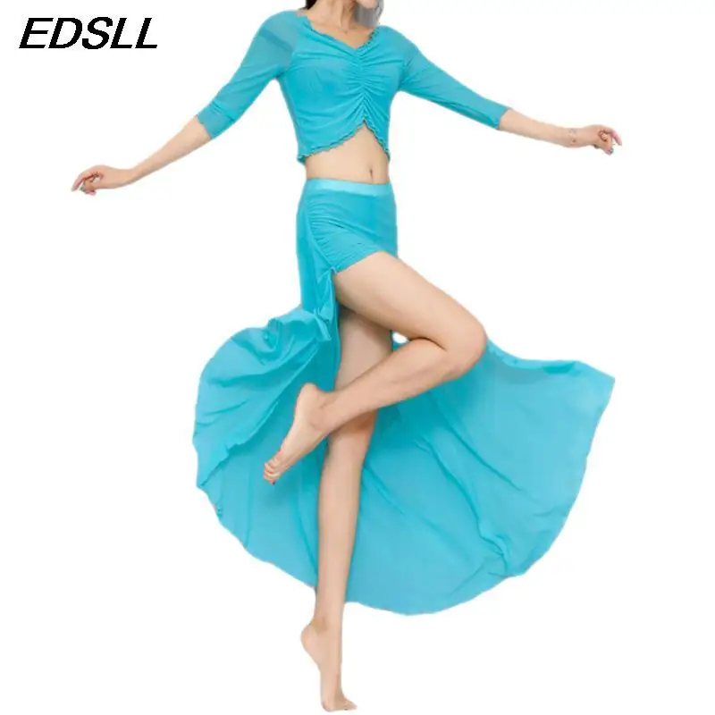Adult Belly Dance Oriental Practice Set Women Elegant Top+ Sexy Split Skirt Clothes Suit Bellydance Stage Performance