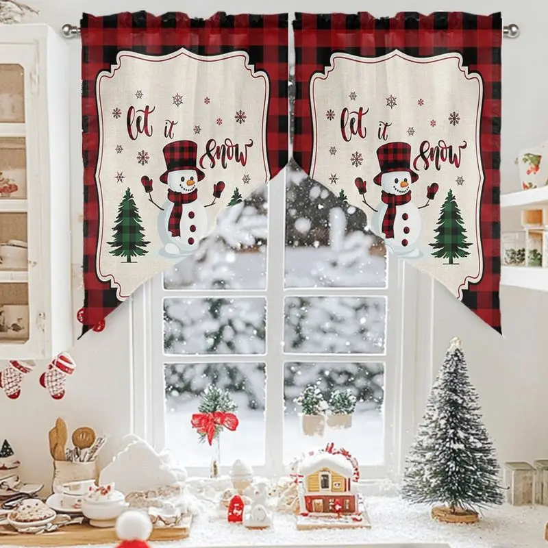 VIKAMA Buffalo Check Christmas Triangle Window Drapes, “Let It Snow” Alphabet Snowman Christmas Tree Print Curtains, Home Decor