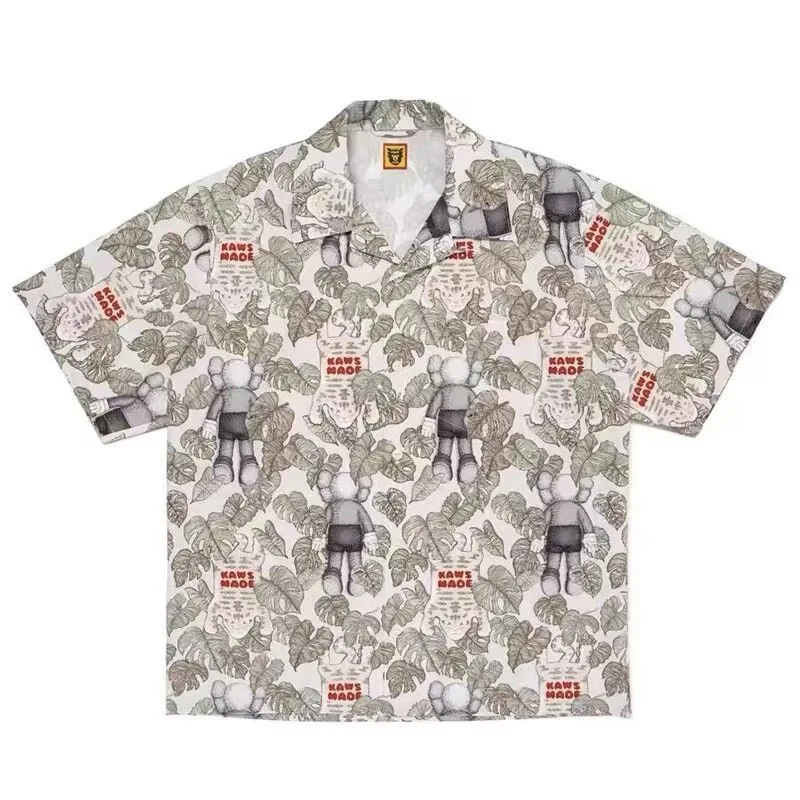 Vintage Cartoon Tiger Leaf Print Hawaiian Shirt, Allover Summer Beach Casual Shirt for Unisex