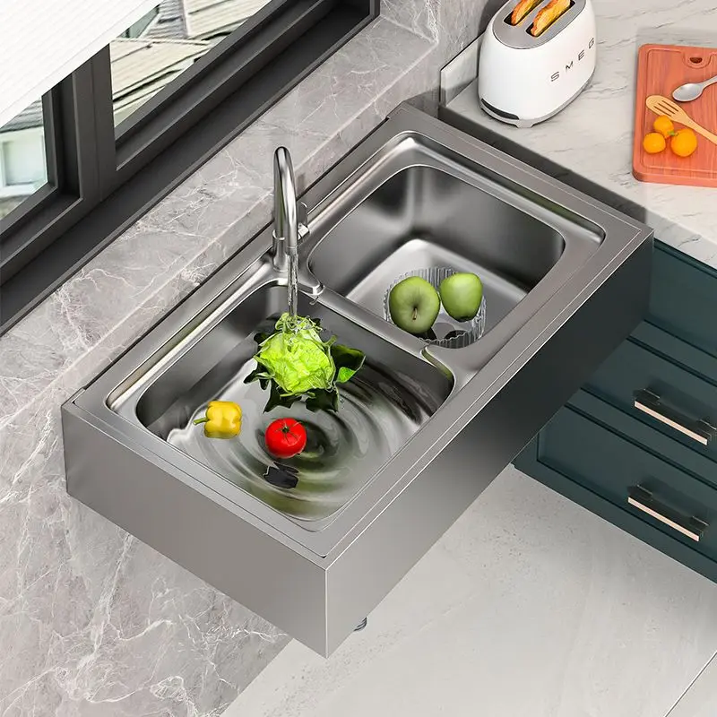 Commercial kitchen vegetable basin, wall-mounted stainless steel washbasin with stand, integrated dishwashing sink, household