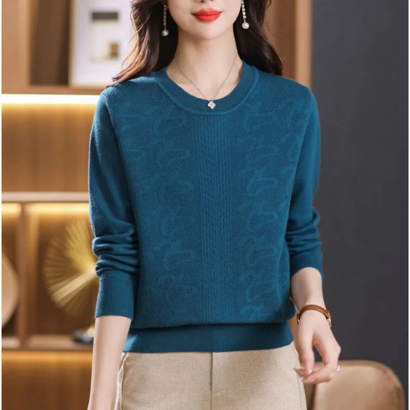 Spring Autumn Round Neck Screw Thread Women's Clothing Solid Color Pullover Long Sleeve Sweater Knitted Casual Elegant Tops