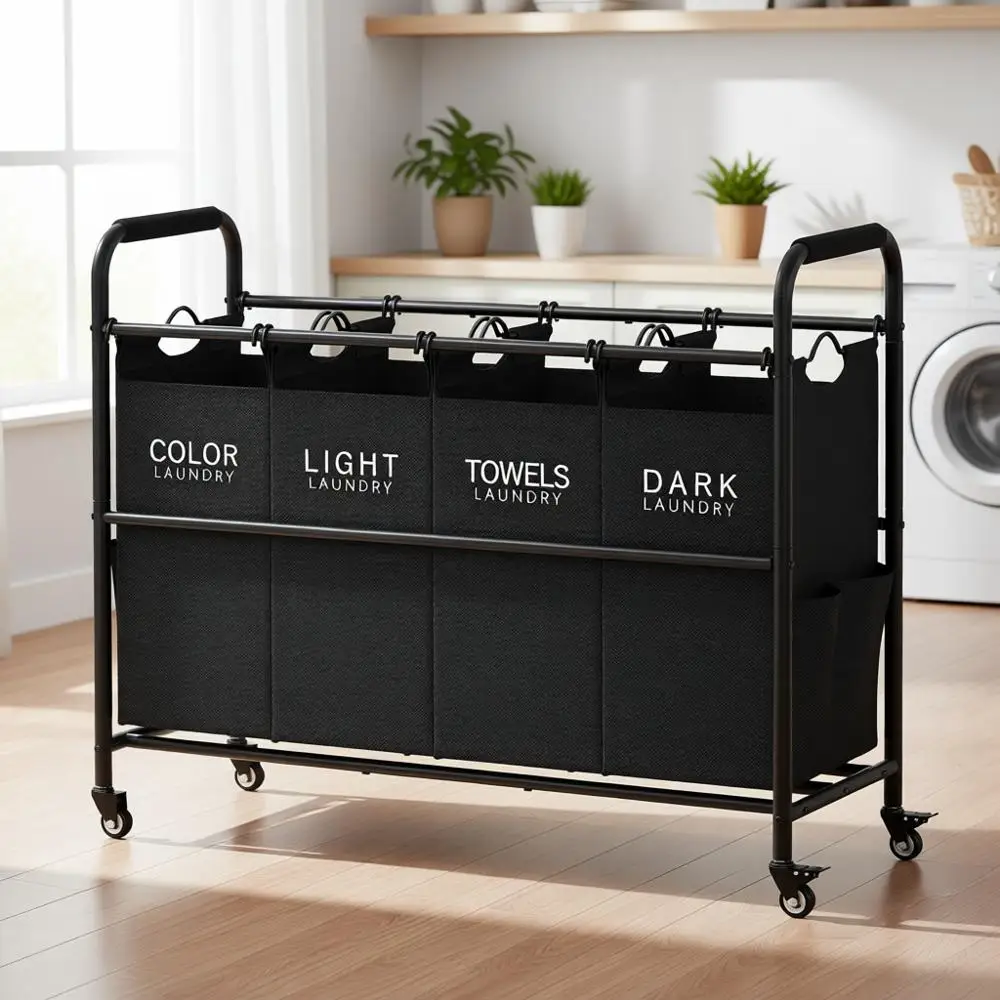 

4-секционный прочный передвижной органайзер для белья со съемными мешками, черный