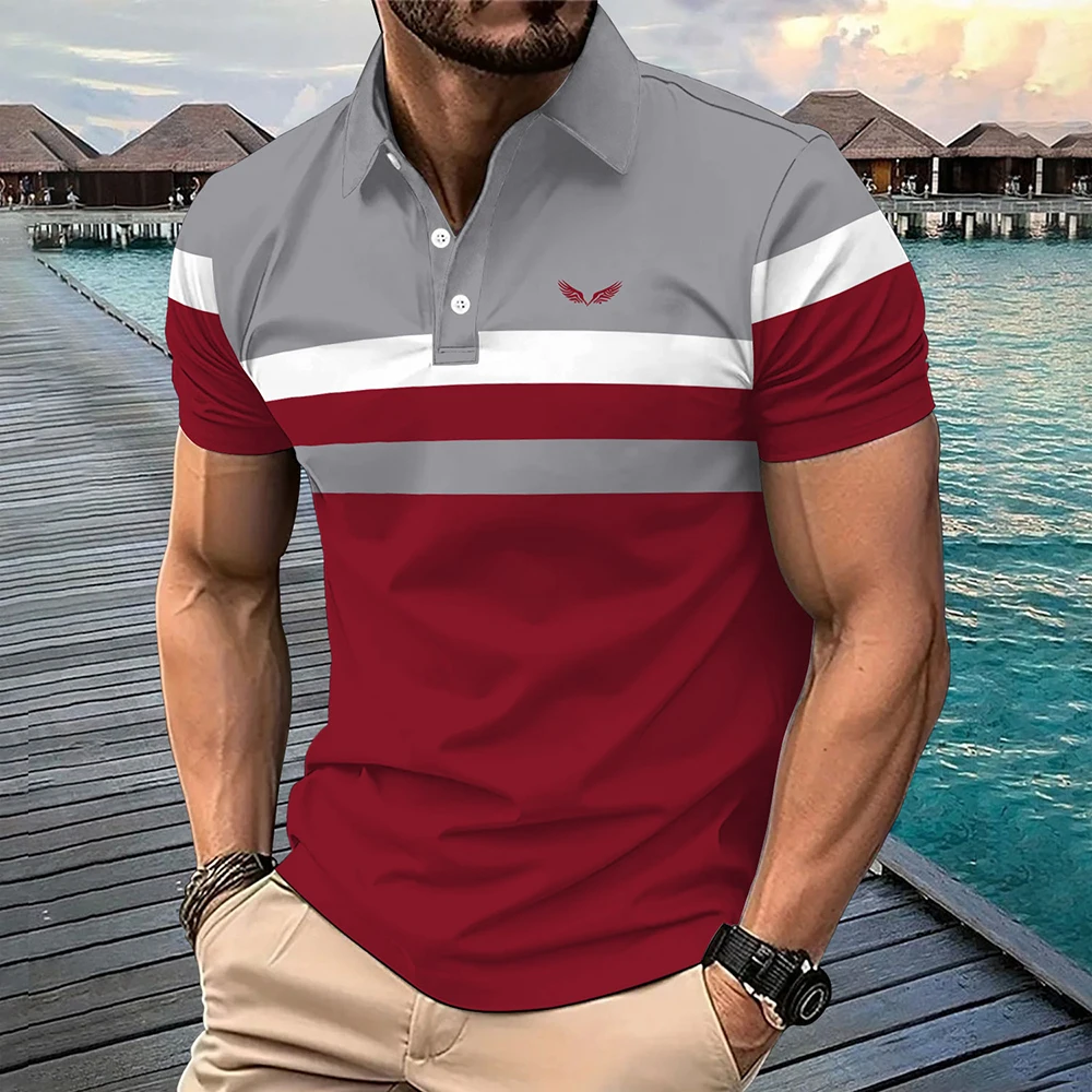 Polo de manga corta para hombre, estampado de alas, informal, con botones, diseño en el pecho, ropa cómoda de moda para hombre, regalo exquisito