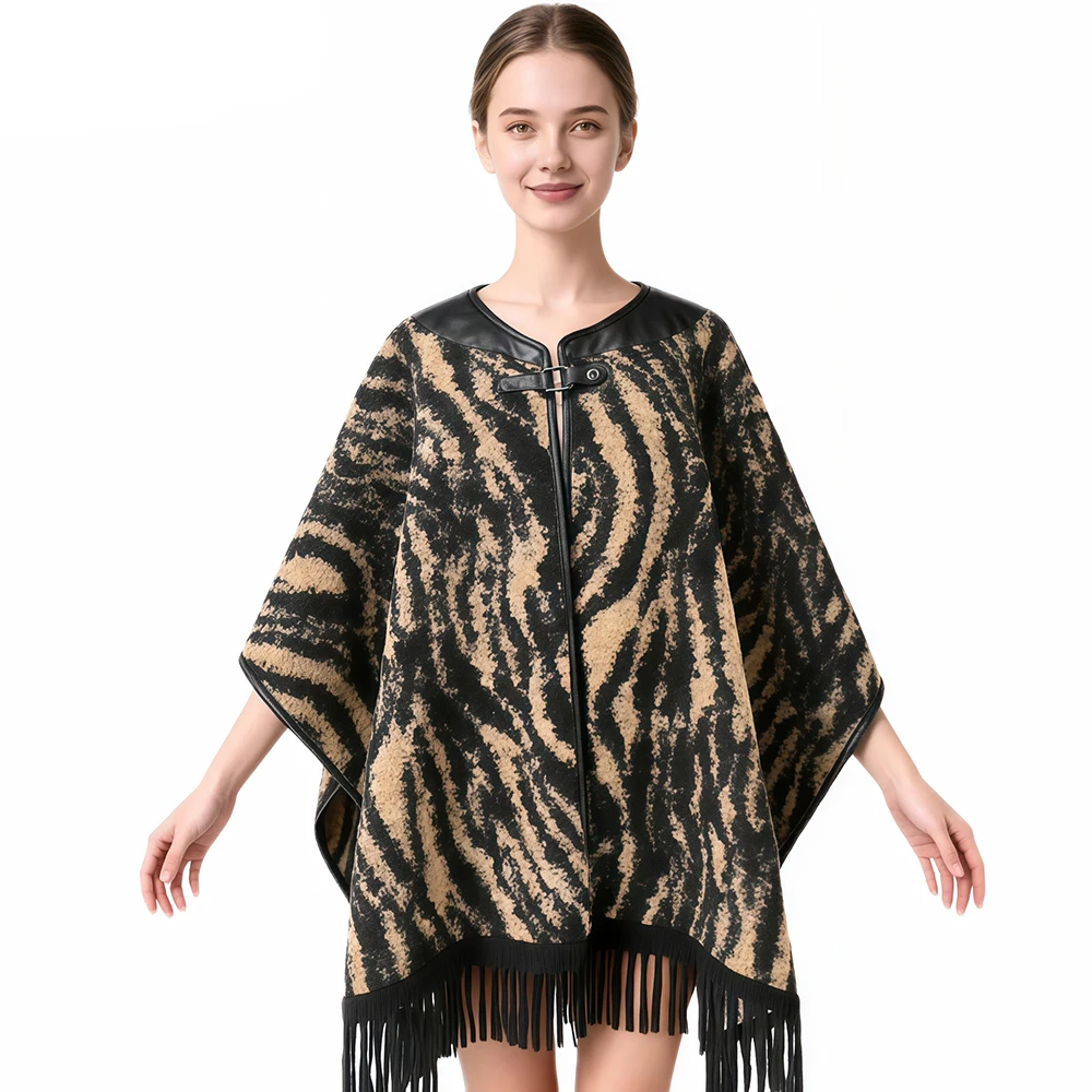 Retro Fringed Leather Collar Patchwork Knitted Sweater Coat For Women Leopard Printed Shawl Cape Outerwear Long Poncho Cloak