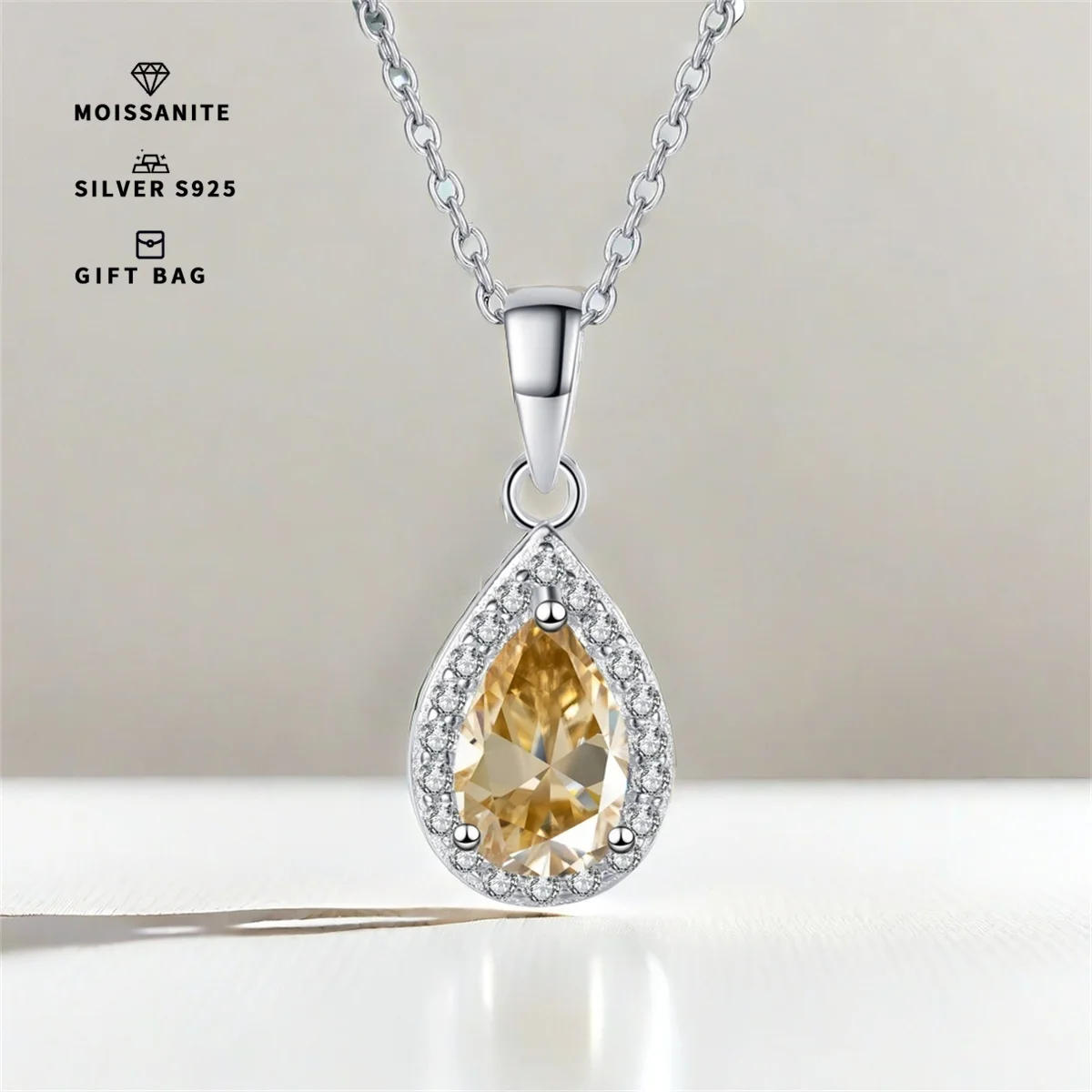 S925 silver plated platinum inlaid pear-shaped Champagne GRA Moissanite Necklace Sweet Pendant Simple Clavicle Chain for women