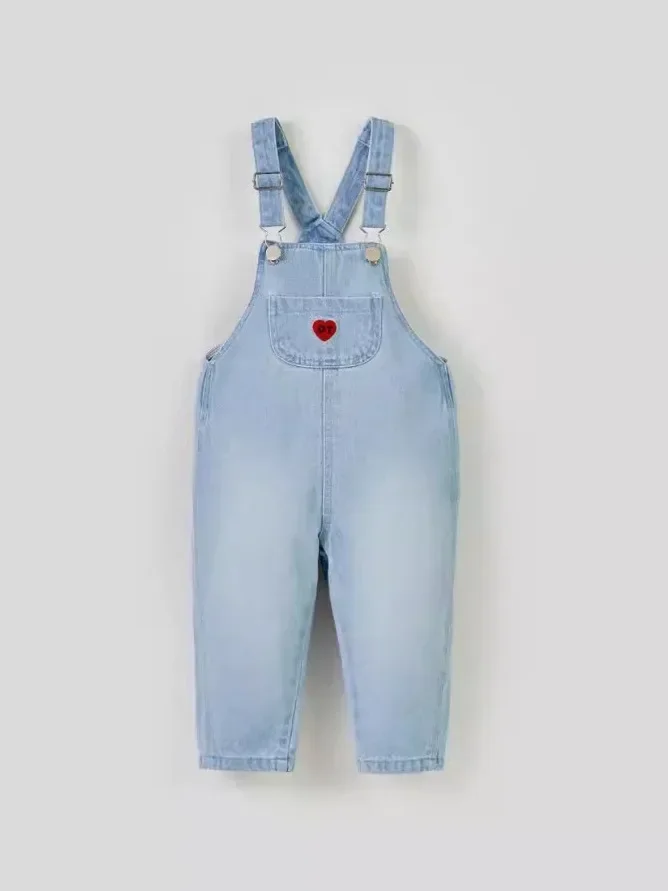 2024 Autumn New Baby Denim Strap Trousers Boy Girl Heart Pocket Denim Overalls Infant Toddler Casual Pants Kids Versatile Jeans