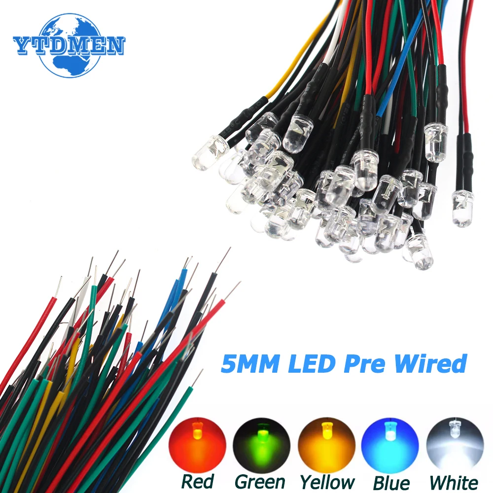 20/50pcs 5mm LED 12V Light 20cm Pre-wired White Red Green Blue Yellow Diode Lamp Decoration Light Emitting Diodes Pre-soldere