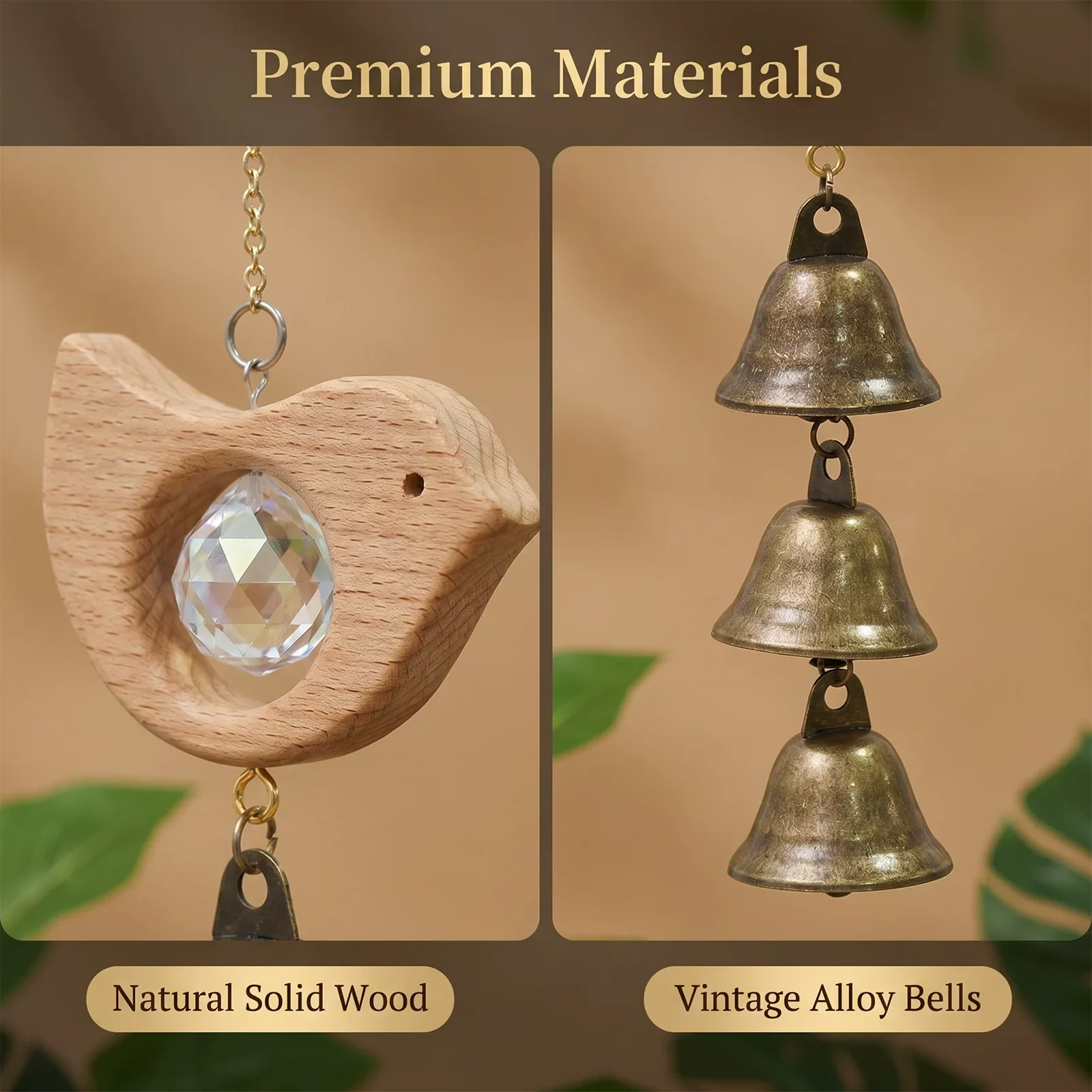 Antique Copper Bell Crystal Wind Chime, Beech Wood Hanging Decor, Creative Ornament for Patio, Balcony and Wall