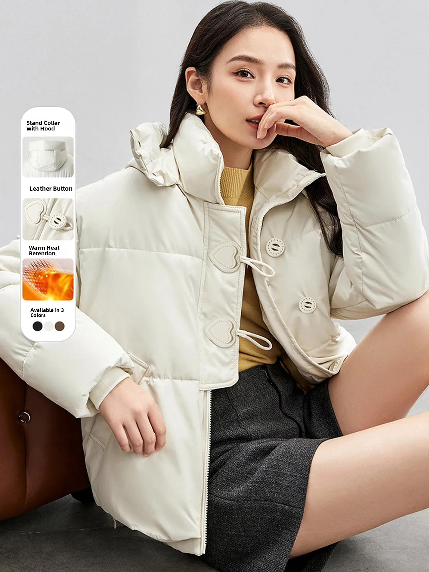 

Anti-Aging Hooded Cotton Jaet Bread Sle Warmth Windproof oulder Drop Outerwear for Younger Looking Straight Cut Thien...