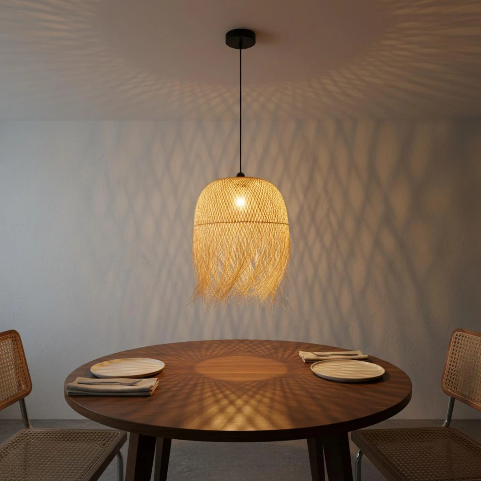 Bamboo Woven Lampshade Artistic Design Japanese Design Lantern Rattan Tassel Chandelier Adjustable Cord Boho Ceiling Lamp