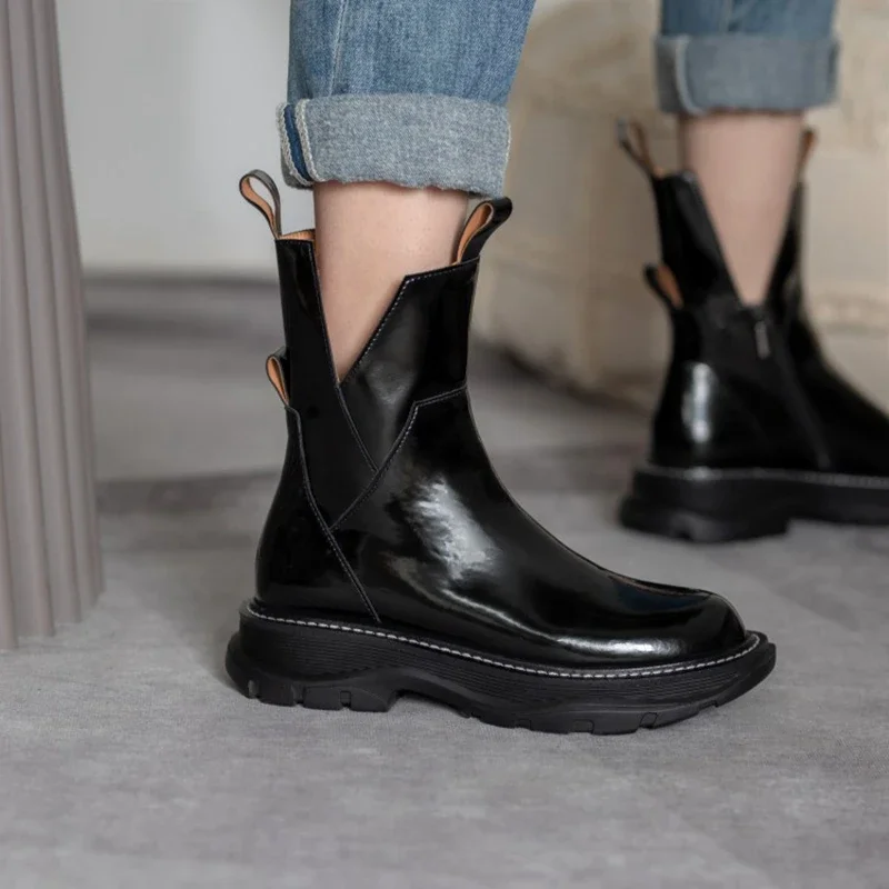 HOT SALE Women Boots Round Toe Thick Heel Shoes Split Leather Shoes for Women Cool Motorcycle Boots Platform Black Ankle Boots