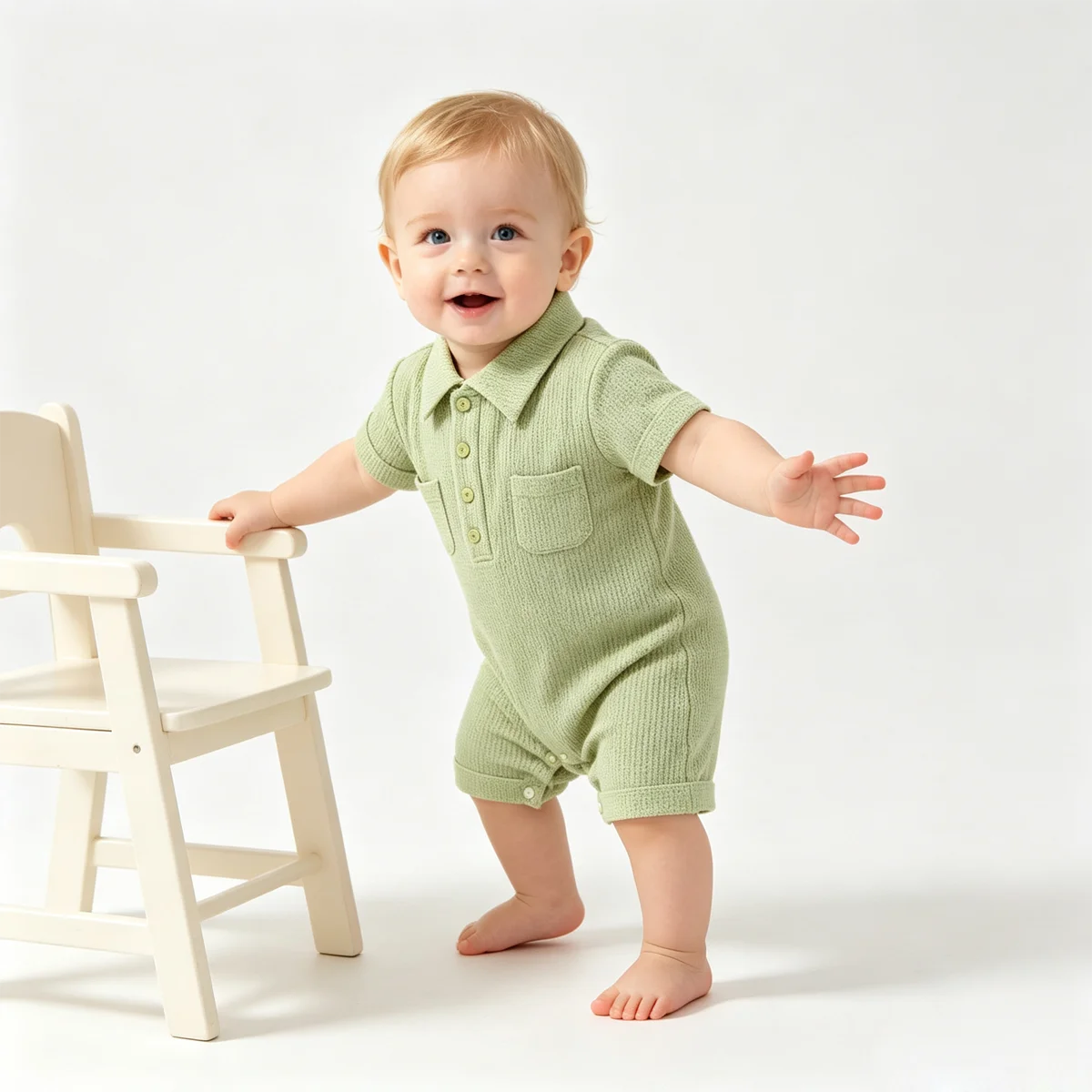Baby Summer Waffle Knit Romper Lapel Short Sleeve Polo Jumpsuit Newborn Boy Pocket Onesie Snap Crotch Infant Casual Outfit