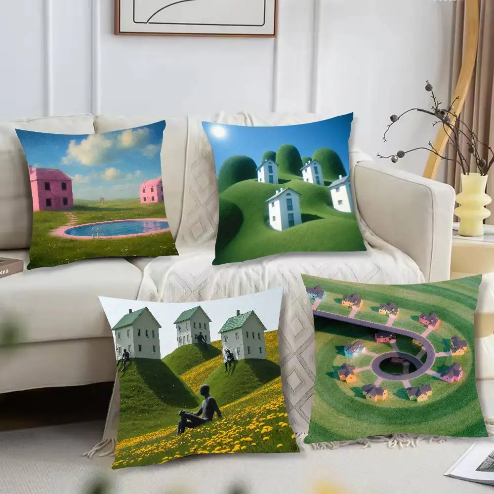 Dreamcore Surreal Pastoral Scenery Pillow Cover, Weird Dream‑Like Green Hills House Playground Pattern Cushion Case Decoration